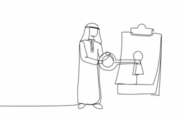 Poster - Single continuous line drawing Arabian businessman put big key into clipboard. Digital document or contract for security protection privacy with paper. One line draw graphic design vector illustration