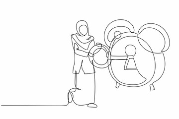 Poster - Single continuous line drawing Arabian businesswoman put key into alarm clock. Wake up from economic crisis metaphor. Manager unlock deadline business project. One line draw design vector illustration