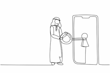 Poster - Single one line drawing Arab businessman putting big key into smartphone. Data privacy for protect user from hacker. Password security system. Continuous line draw design graphic vector illustration