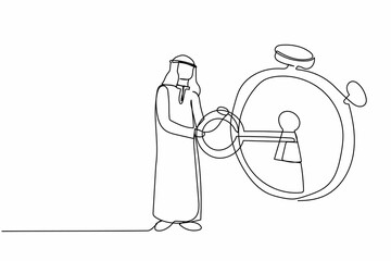 Poster - Single continuous line drawing Arab businessman putting big key into stopwatch. Office worker secure job deadline. Effective planning for productive work. One line graphic design vector illustration