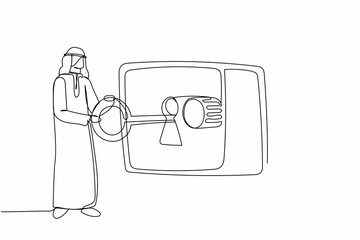 Aufkleber - Continuous one line drawing Arab businessman putting big key into safety deposit box. Protection of money, gold, securities. Savings and banking safety. Single line design vector graphic illustration