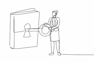 Poster - single continuous line drawing intelligent businesswoman put key into book. office manager open book