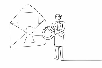 Poster - Single one line drawing businesswoman put key into mail. Internet safety care. Message online security system. Protection personal information. Continuous line draw design graphic vector illustration