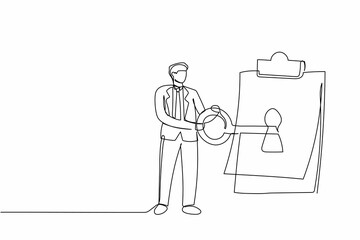 Poster - Single one line drawing businessman putting big key into clipboard. Smart digital contract for security protection privacy with paper clipboard. Continuous line draw design graphic vector illustration