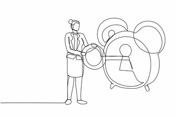 Poster - Single continuous line drawing businesswoman put key into alarm clock. Female manager unlock deadline business project. Worker winds clock with key. One line draw graphic design vector illustration