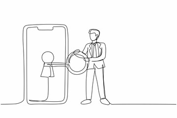 Poster - Single one line drawing businessman putting big key into smartphone. Data privacy for protect internet user. Password and login device security system. Continuous line draw design vector illustration
