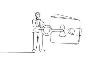 Aufkleber - Single one line drawing protective businessman close on key huge wallet. Money wallet with security system. Money protection financial security. Continuous line draw design graphic vector illustration