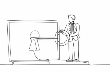 Poster - Single one line drawing businessman putting big key into laptop. Internet encryption, access to encrypted data, protection of personal information. Continuous line design graphic vector illustration