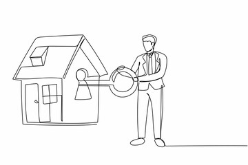 Poster - Single continuous line drawing businessman putting big key into house. People investing money in real estate. House loan, property mortgage concept. One line draw graphic design vector illustration