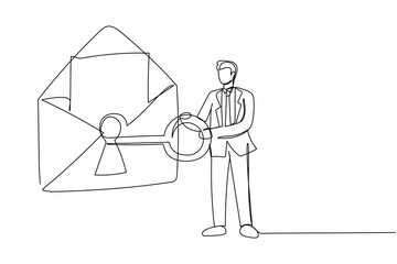 Poster - Continuous one line drawing smart businessman putting big key into mail. Message online security system protection personal information internet. Single line draw design vector graphic illustration