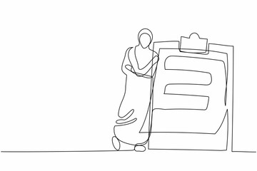 Poster - Single continuous line drawing relaxed Arab businesswoman standing and lean against clipboard. Business plan completed. Goal achievements planning schedule. One line graphic design vector illustration
