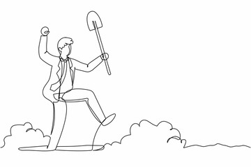 Poster - single one line drawing excited businessman standing and holding shovel on dug ground. happy office 