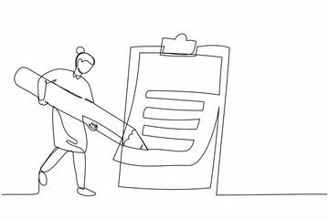 Poster - Continuous one line drawing businesswoman writing on clipboard with pencil. Person completion business task. Goal achievements planning schedule. Single line draw design vector graphic illustration