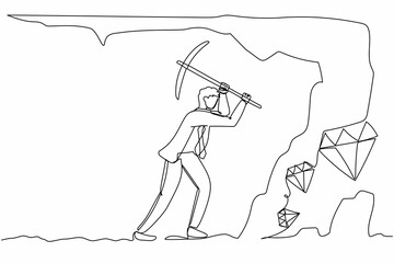 Poster - Single one line drawing active businessman digging with pickaxe to get diamond. Worker digging and mining for diamond in an underground tunnel. Continuous line draw design graphic vector illustration