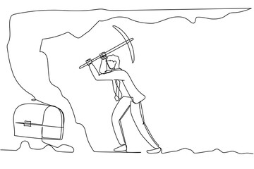 Poster - Continuous one line drawing young businessman digging with pickaxe looking for treasure box. Worker mining for treasure chest in underground tunnel. Single line draw design vector graphic illustration