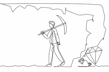 Poster - Continuous one line drawing exhausted businessman give up before reach diamonds. Worker stop digging with pickaxe, not knowing precious diamond almost revealed. Single line design vector illustration