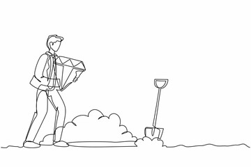 Poster - Continuous one line drawing happy businessman walking and holding big diamond to digging hole. Man with precious stone. Successful business and finance. Single line design vector graphic illustration