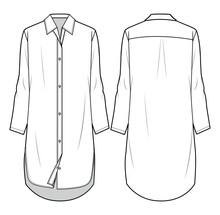 Women Shirt Collar Full Placket Long Sleeve Black Long Kurta, Women Dipped Hem Long Shirt, Long Shirt Dress Front And Back View. Fashion Illustration Vector, CAD, Technical Drawing, Flat Drawing.	