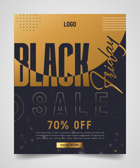 Wall Mural - black friday sale flyer, poster template, social media post or ad banner concept. modern layout black background, gold text