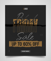 Wall Mural - black friday sale flyer, poster template, social media post or ad banner concept. minimal layout black background, gold text and paper torn