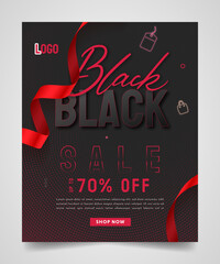 Wall Mural - black friday sale flyer, poster template for social media post or ad banner. modern layout black background, red text and ribbon design