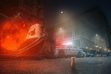 a cat watching a burning police car in new york city