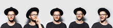 Collage Of People. Studio Portrait Of Young Confident Guy On White Background, Wearing Black Round Hat And Eyeglasses, Making Thoughtful, Serious And Happiness Emotions. Panoramic Banner.
