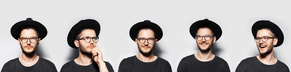 Collage of people. Studio portrait of young confident guy on white background, wearing black round hat and eyeglasses, making thoughtful, serious and happiness emotions. Panoramic banner.