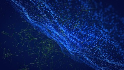 Animation of 3d neon blue abstract particles moving, connecting dots on computer graphic background