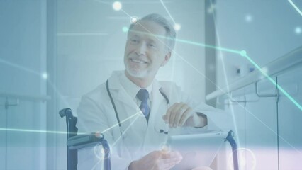 Poster - Animation of profile icons interconnecting with lines over male caucasian doctor using tablet pc