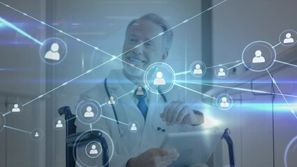 Poster - Animation of profile icons interconnecting with lines over male caucasian doctor using tablet pc