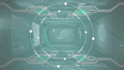 Poster - Animation of network of connections over scope scanning and data processing on black background