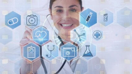Poster - Animation of network of medical icons and data processing over caucasian female doctors