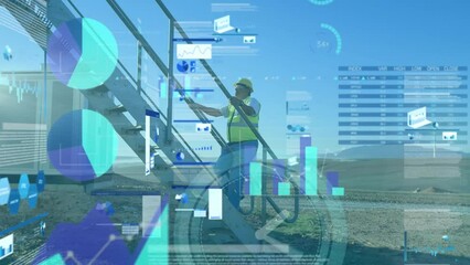 Poster - Animation of statistics and data processing over caucasian engineer walking up wind turbine