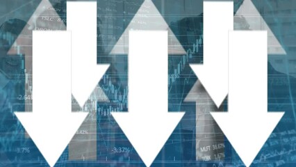 Poster - Animation of white arrows with statistics and data processing over business people