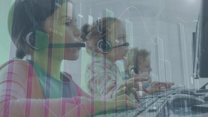 Wall Mural - Animation of financial data processing over diverse children wearing phone headsets