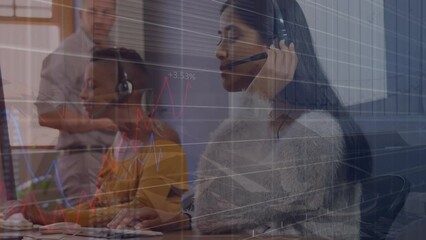 Poster - Animation of financial data processing over diverse children wearing phone headsets