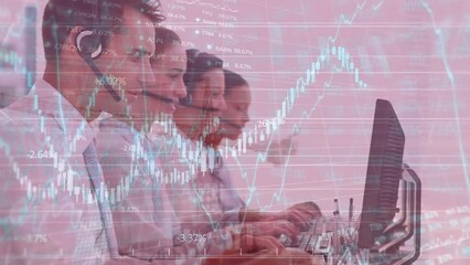 Poster - Animation of financial data processing over diverse business people using phone headsets