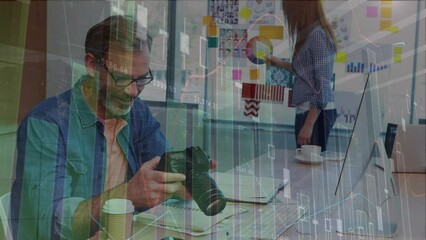 Poster - Animation of financial data processing over caucasian businessman using camera