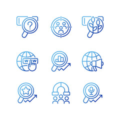 Sticker - Target market analysis pixel perfect gradient linear vector icons set. Customers attracting. Worldwide marketing. Thin line contour symbol designs bundle. Isolated outline illustrations collection