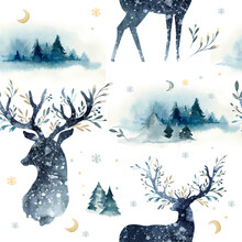 Watercolor Winter Forest Seamless Pattern With Deer. Christmas Tree Landscape With Pine Trees Fir In Mountains. Hand Painted Background. Snow Holiday Design.