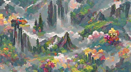 Sticker - a beautiful colorful fantasy foggy luxury mountain valley, with flower