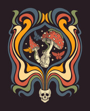 Psychedelic Illustration With Skull And Fly Agarics, Hippie Art, Retro T-shirt Print