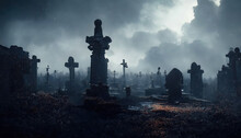 Gloomy Night Cemetery, Stone Monuments. Sky With Clouds, Fog. Dramatic Scene For Halloween Background. 3D Illustration