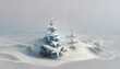 Raster illustration of snowy hilly area. Winter season, snowfall, snowdrifts, blizzard, pine new year, christmas holidays, decorated Christmas tree, clear sky. Beauty of nature concept. 3D rendering