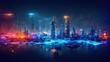 Raster illustration of city of the future. artificial intelligence, time machine, cyberpunk, collective intelligence, robotics, chip, technology. Modern concept. 3D rendering.