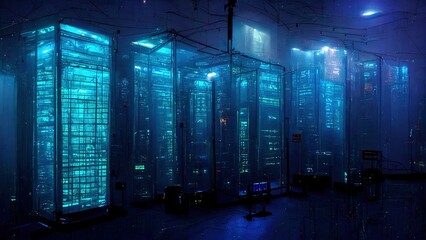 Poster - Raster illustration of remote server. Cloud storage, hard disk, elecommunications equipment, cloud hosting technologies. Data storage concept. 3D rendering raster background for business