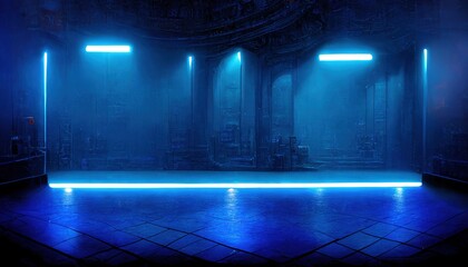 Poster - Raster illustration of empty room for storing information in neon lighting. cloud storage, server, data transfer, cyberpunk, technology, far future, science fiction. Modern concept. 3D rendering