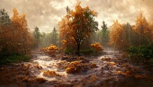 Raster Illustration Of Dense Forest In Autumn After Rain. Autumn Mood, River Floods, Yellow Leaves, Downpour, Sadness, Beauty Of Nature, Wild Nature. Phytology Concept. 3D Artwork Illustration