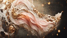 Raster Illustration Of Splashes Of Water. Wave Color With Sand, Foam, Drink Mixture Of Black Orange Colors, Waves And Gold Swirls. 3D Render Raster Background For Business And Advertising